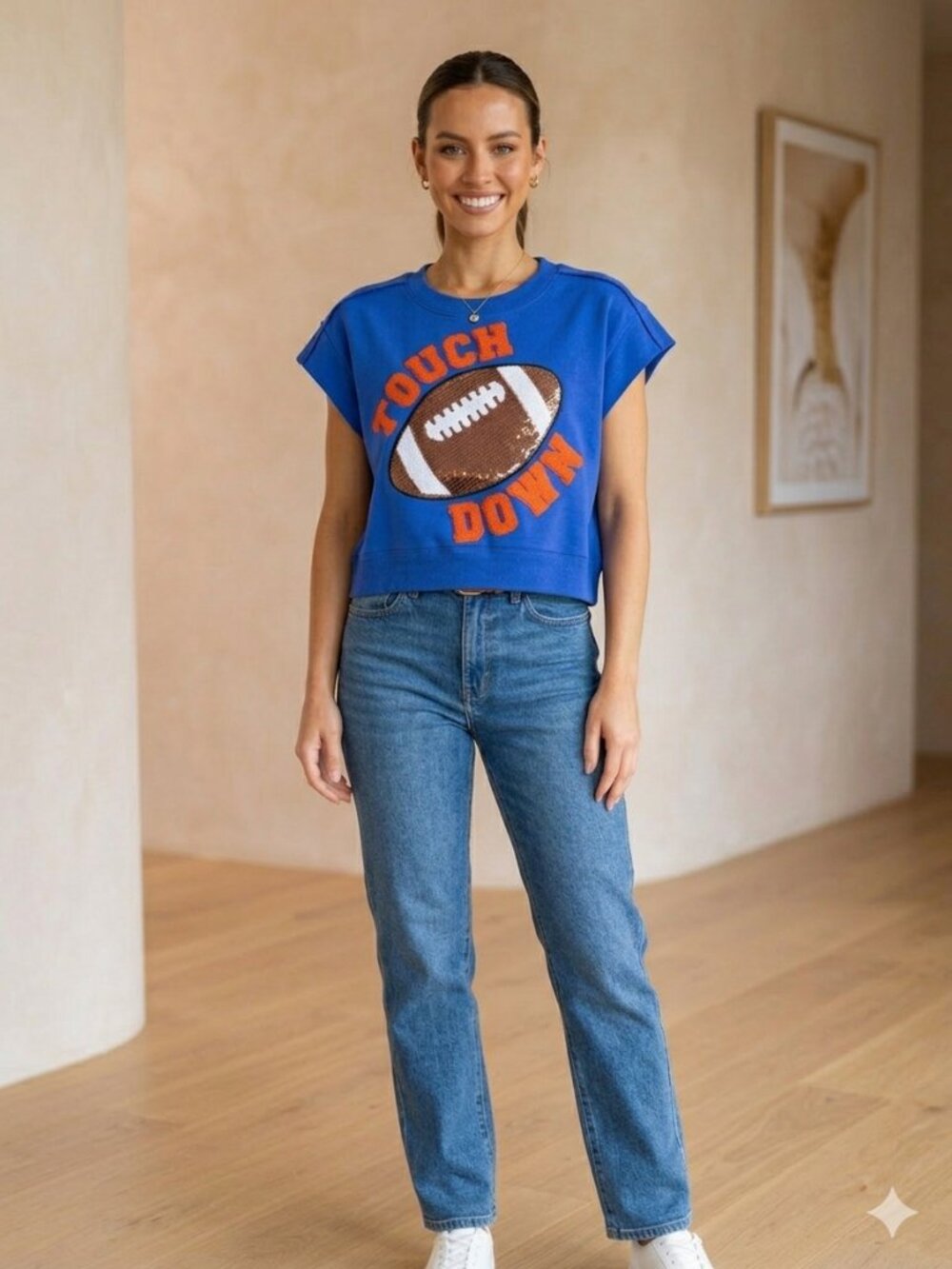 Anna & Ava Sequin Football Touch Down Cropped Oversize Sweatshirt Womens S/M NWT